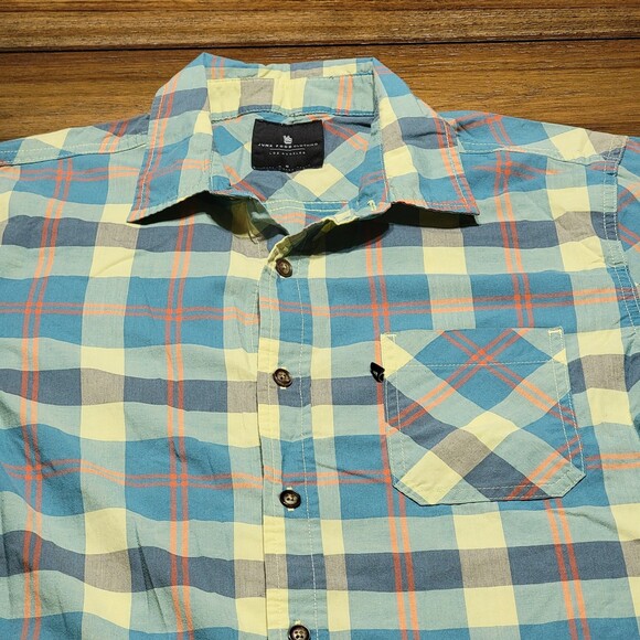 Junk Food Clothing Full Button SS Blouse - Blue & Orange Check Pattern - Small - Picture 2 of 5